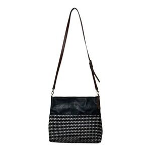 Fossil Women's Fiona Crossbody Handbag Black and White Leather Woven Pattern‎
